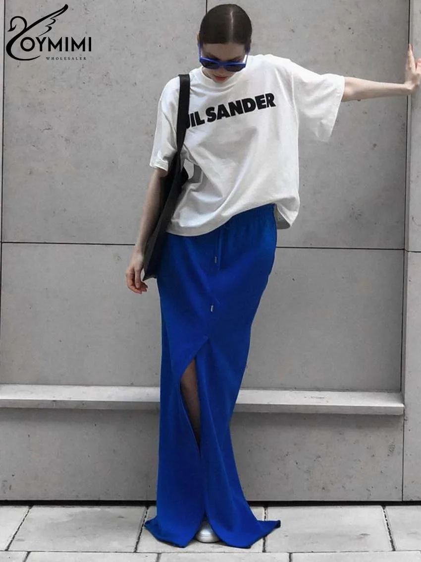 Oymimi Elegant Blue Knitting Skirts For Women Fashion High Waist Drawstring Skirts Autumn Pockets Floor-Length Skirt Streetwear