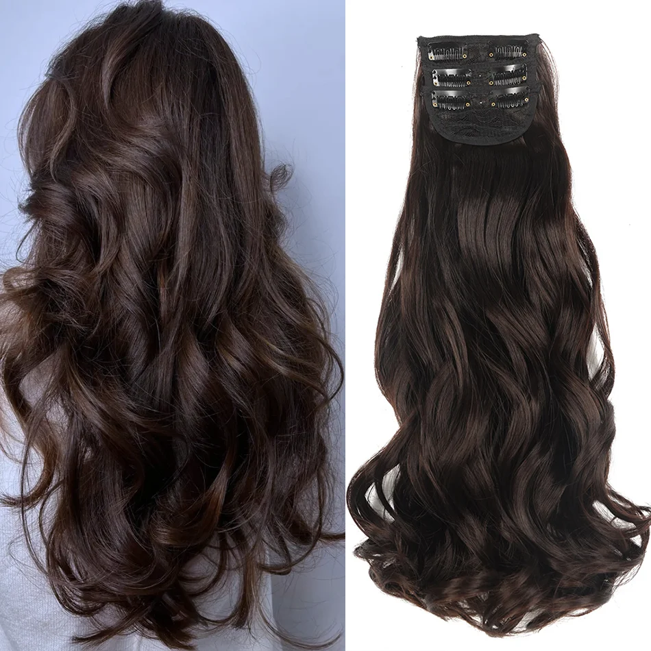 Synthetic 3Pcs Wavy Clip in Hair Extension 20inch Brown Hairpieces Long Body Wave Fake Hair Extension Clip ins for Women