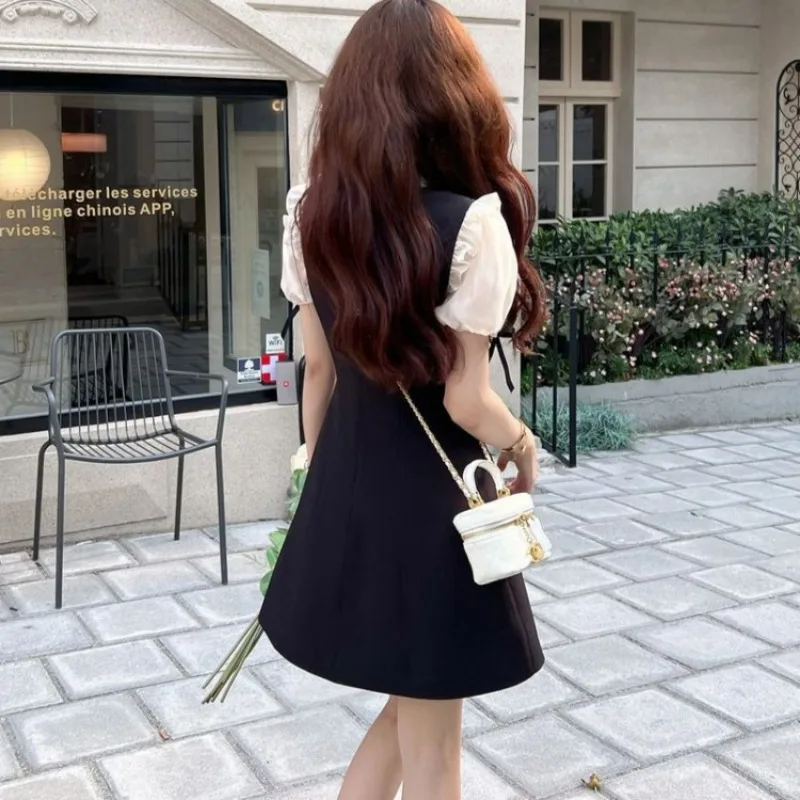 여성용 패치워크 반팔 미니 드레스, 우아한 기질, 한국 스타일, 캐주얼 유행 스트리트웨어, 활 프릴 슬림, 여름