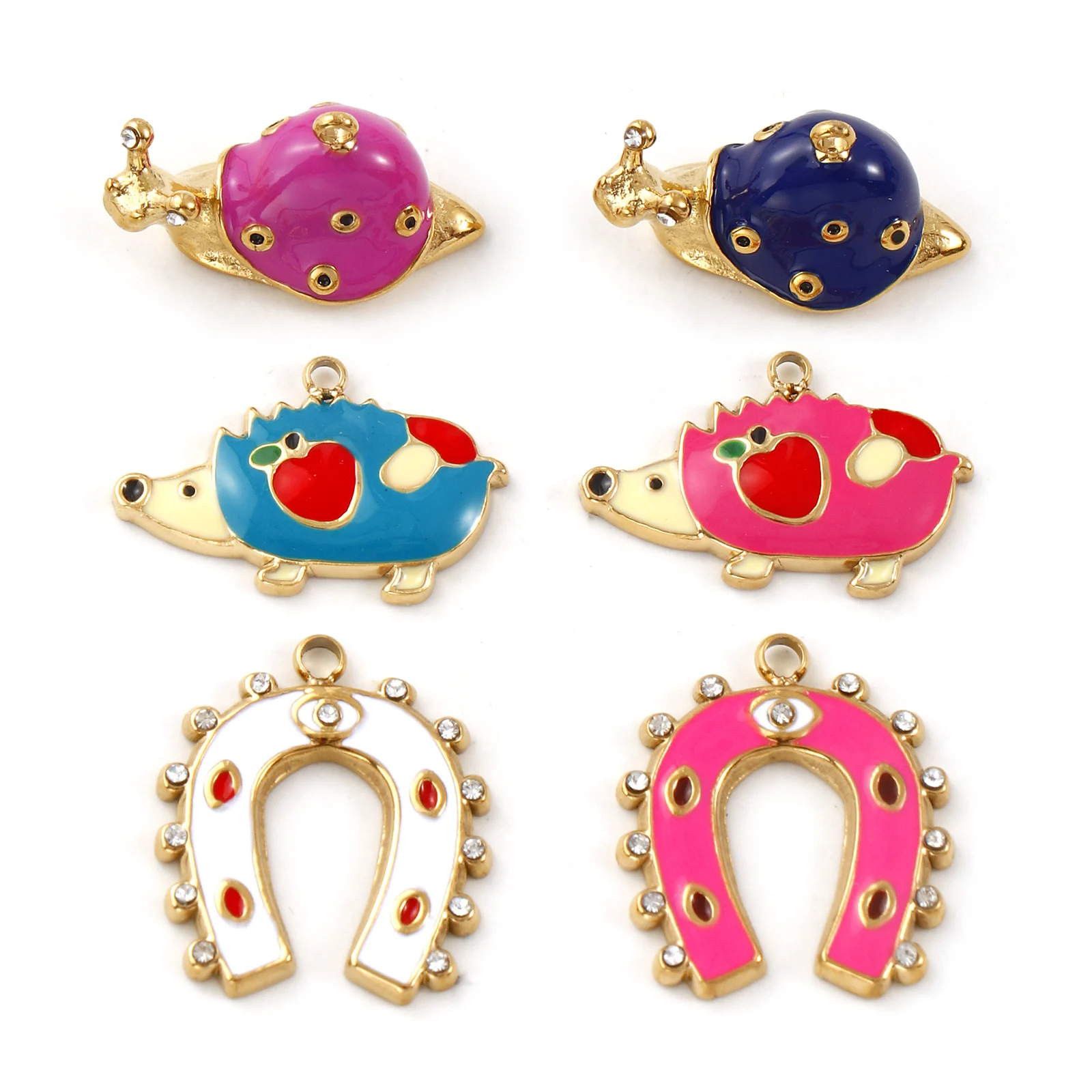 1 pieza de dijes de acero inoxidable 304, colgantes de herradura de erizo de Caracol esmaltados chapados en oro de 18K para collar DIY, fabricación de joyas
