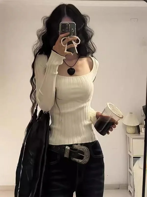 

Шикарный белый длинный топ с квадратным вырезом, женский, осенне-зимний, универсальный, сексуальный, для ношения как нижнее или верхнее белье, модный топ