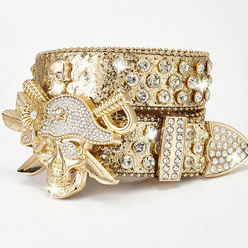 スカルラインストーンベルト女性男性-pu-レザーダイヤモンドベルトカウボーイ-y2k-女の子パンクベルト高級デザイナーブランドストラップジーンズ