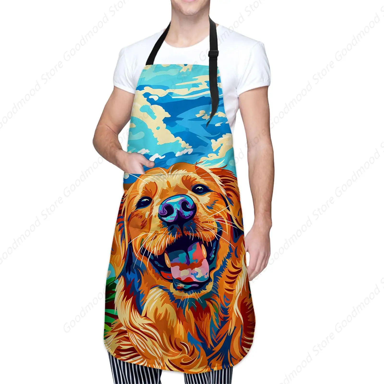 

Joyful Golden Retriever Dog Apron, Kitchen Cooking Baking Adjustable Polyester Happy Puppy Aprons with 2 Pockets