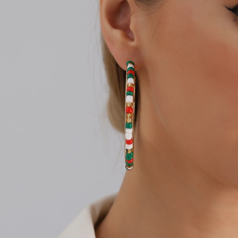 New Christmas Accessories Multi Colored Rice Bead Circle Pendant Earrings, Women's Personalized Holiday Party Jewelry Gifts