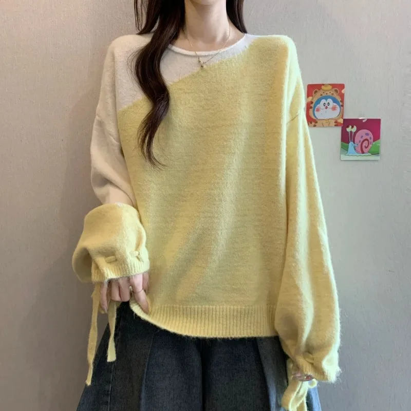 

French Unique Contrast Color Strappy Sweater for Women Autumn and Winter Loose Inner Sweater Top