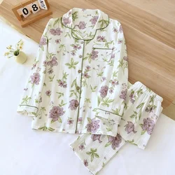 2024 Autumn Cotton Crepe Women's Pajamas Casual Soft Loose Sleepwear Long Sleeve Pants Pajama Sets Night Clothes 2-piece Set