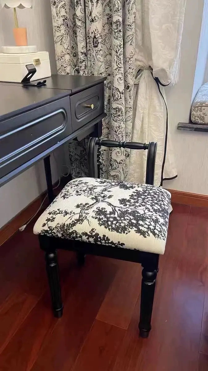 White Wax Wood Dressing Stool Luxury Furniture Black Retro Backrest French Solid Wood Dressing Stool Seat Puffs Vanity Chair