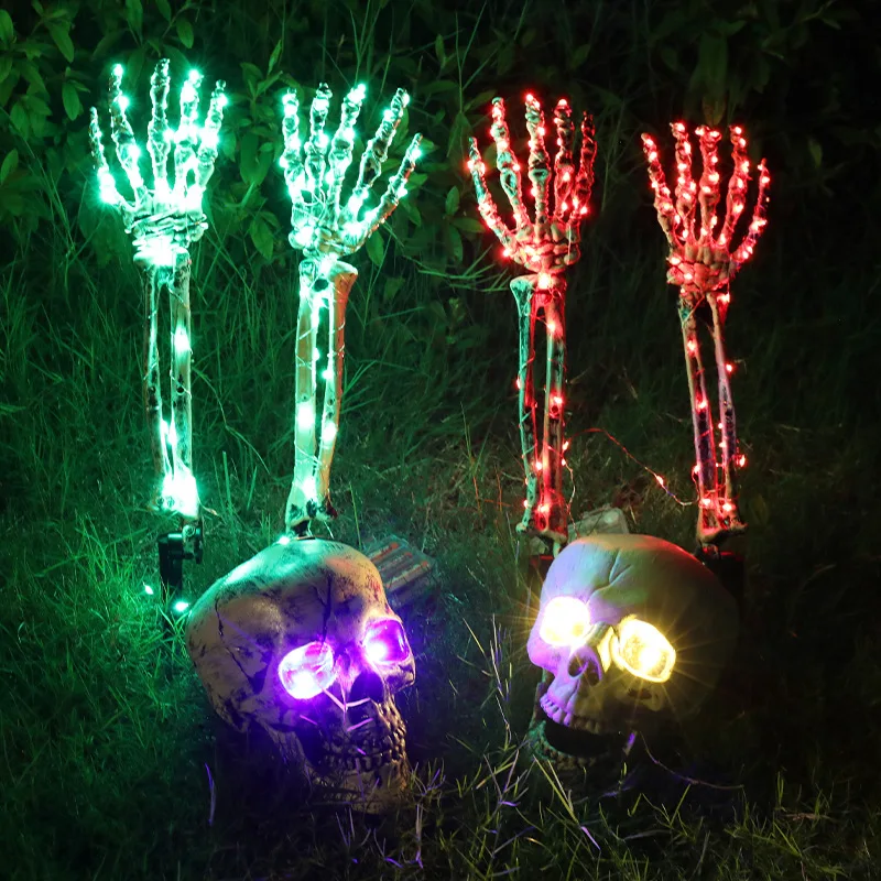 Life-Size LED Skeleton Decor - Glowing Realistic Skull with Poseable Arms, Outdoor Halloween Props for Yard & Haunted Houses