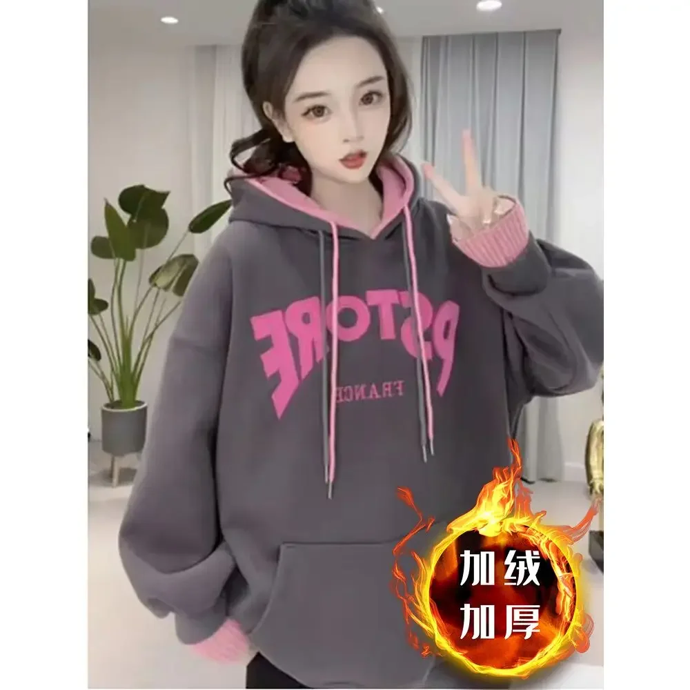สีที่ถูกบล็อกHooded Sweatshirtผู้หญิงขนแกะหนาฤดูใบไม้ร่วงฤดูหนาวเกาหลีPlusขนาด 300 ปอนด์ตัวอักษรปลอม 2 ชิ้นเสื้ออินเทรนด์