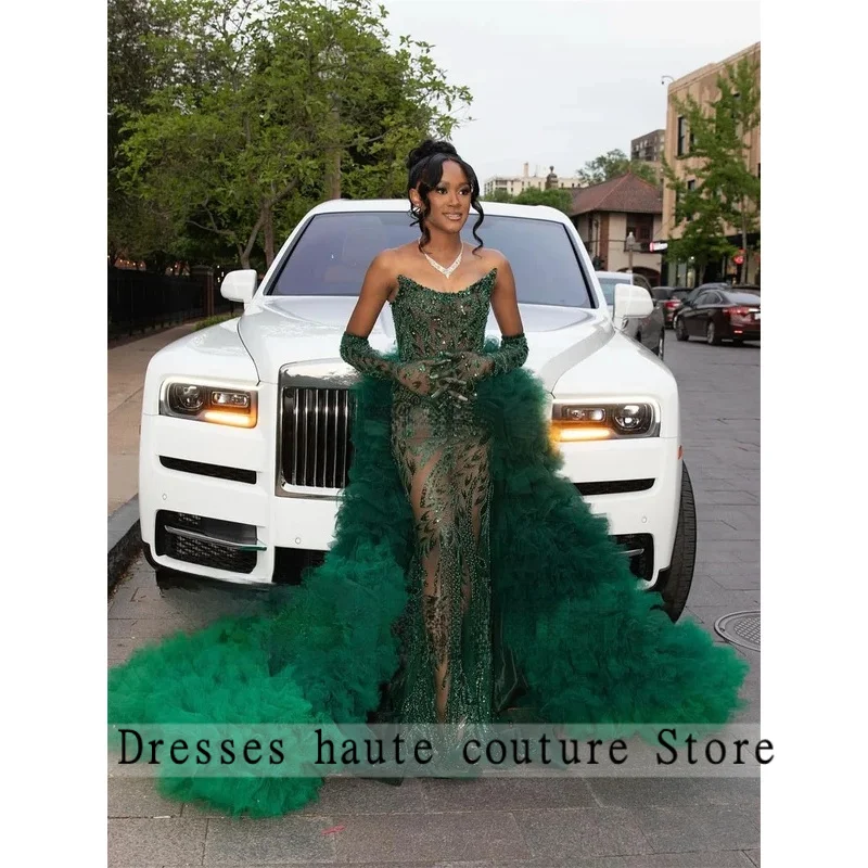 

Glitter Sequins Mermaid Prom Dresses Customized Ruffles Train Evening Gowns Sparkly Beaded Crystals Aso Ebi Wedding Party Dress