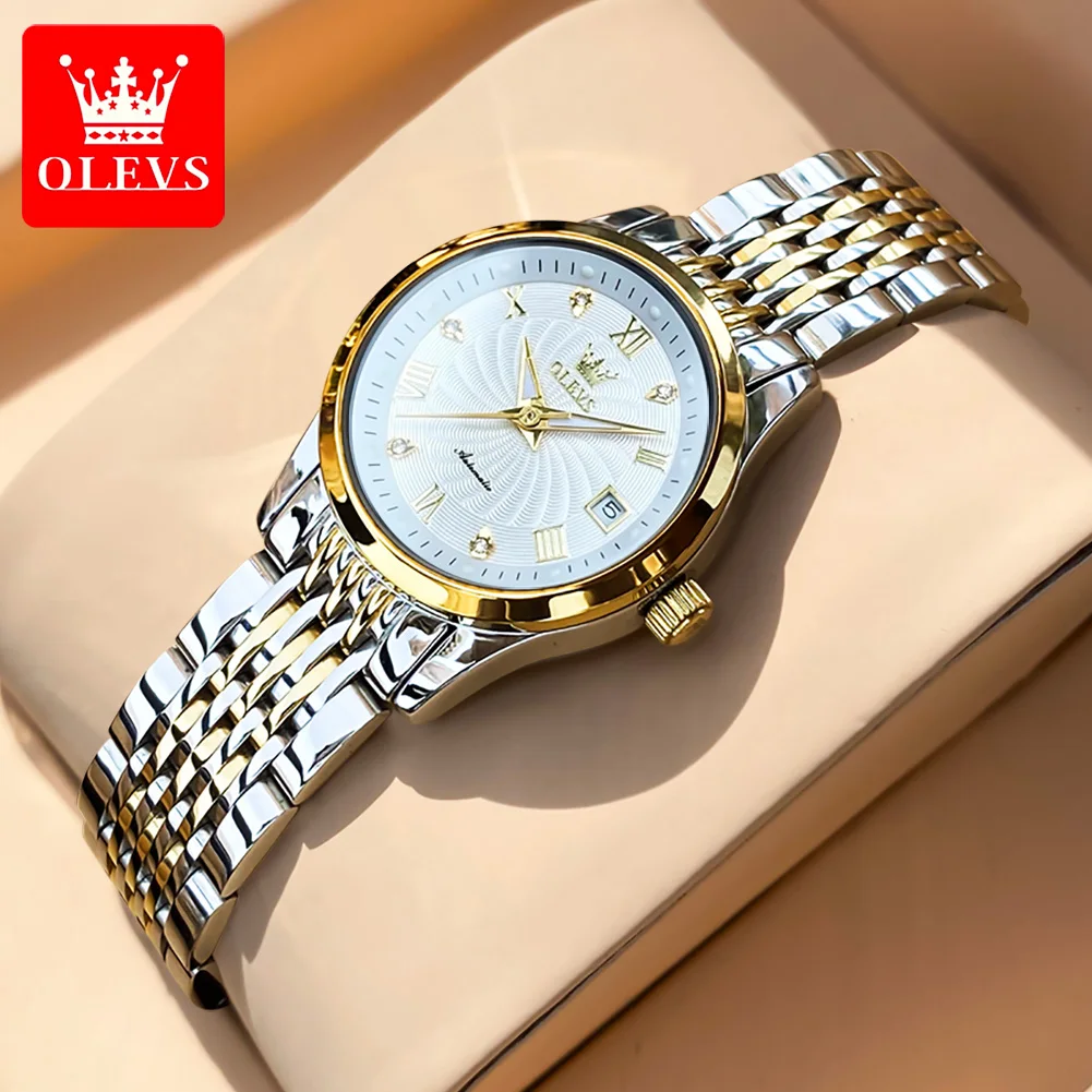 OLEVS 6630 Auto Date Mechanical Watch For Women Stainless Steel Luminous Fashion Wristwatch Roman Scale Waterproof Woman Watches