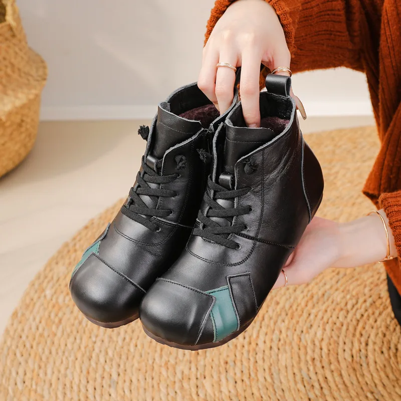 2023 Winter New Flat Sole Short-Leg Women Boots Ethnic Style Genuine Leather Color Matching Boots Warm Cotton Shoes For Women