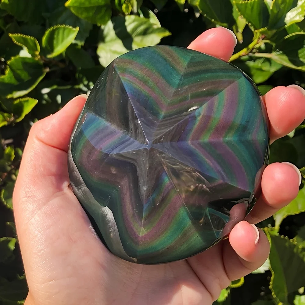 

1pc Rainbow Obsidian Five-Pointed Star Carving - Deep Purple to Black Gradient, Polished Natural Stone Decor for Home, Office