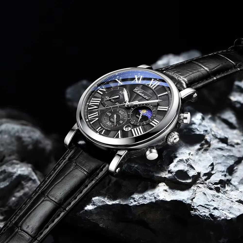 CHENXI-ساعة كوارتز شفافة للرجال ، حركة متعددة الوظائف ، حزام جلد أسود مقاوم للماء ، ساعات إضاءة ليلية ، تقويم ،