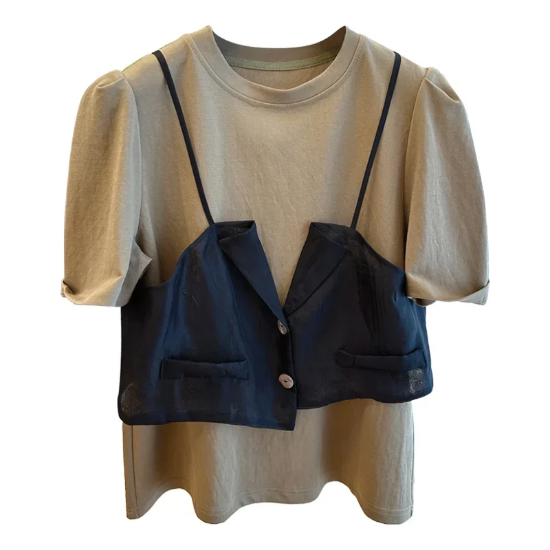 

Summer Tshirts Women Fake Two Piece Suspender Stitching T-Shirt Fashion Tops Ladies Chic T-Shirt Casual Short Sleeve Tee ZT141