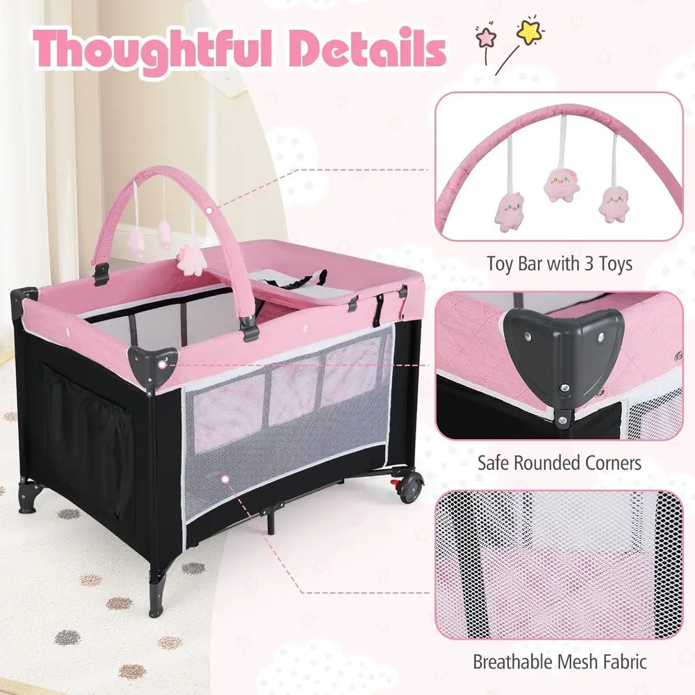 روضة أطفال 4 في 1 قابلة للطي مع سرير ومبدل حفاضات وألعاب للأطفال الصغار - وردي