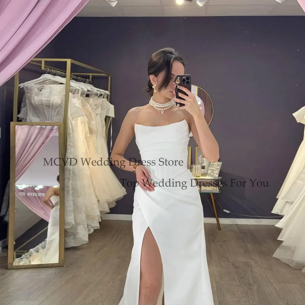 

MCDV Customized Pleat Split Sexy Wedding Party Dresses Strapless Mermaid Satin Ivory robe de mariée Simple Bride Gown Customized