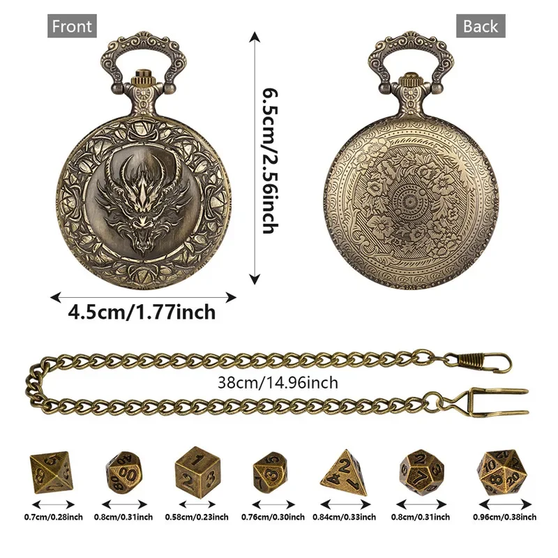 Bronze Dragon Head Pocket Watch Case Chain 7pcs/set Mini Size Metal Polyhedral Dice for Table Board Game Role Play Gaming Dices