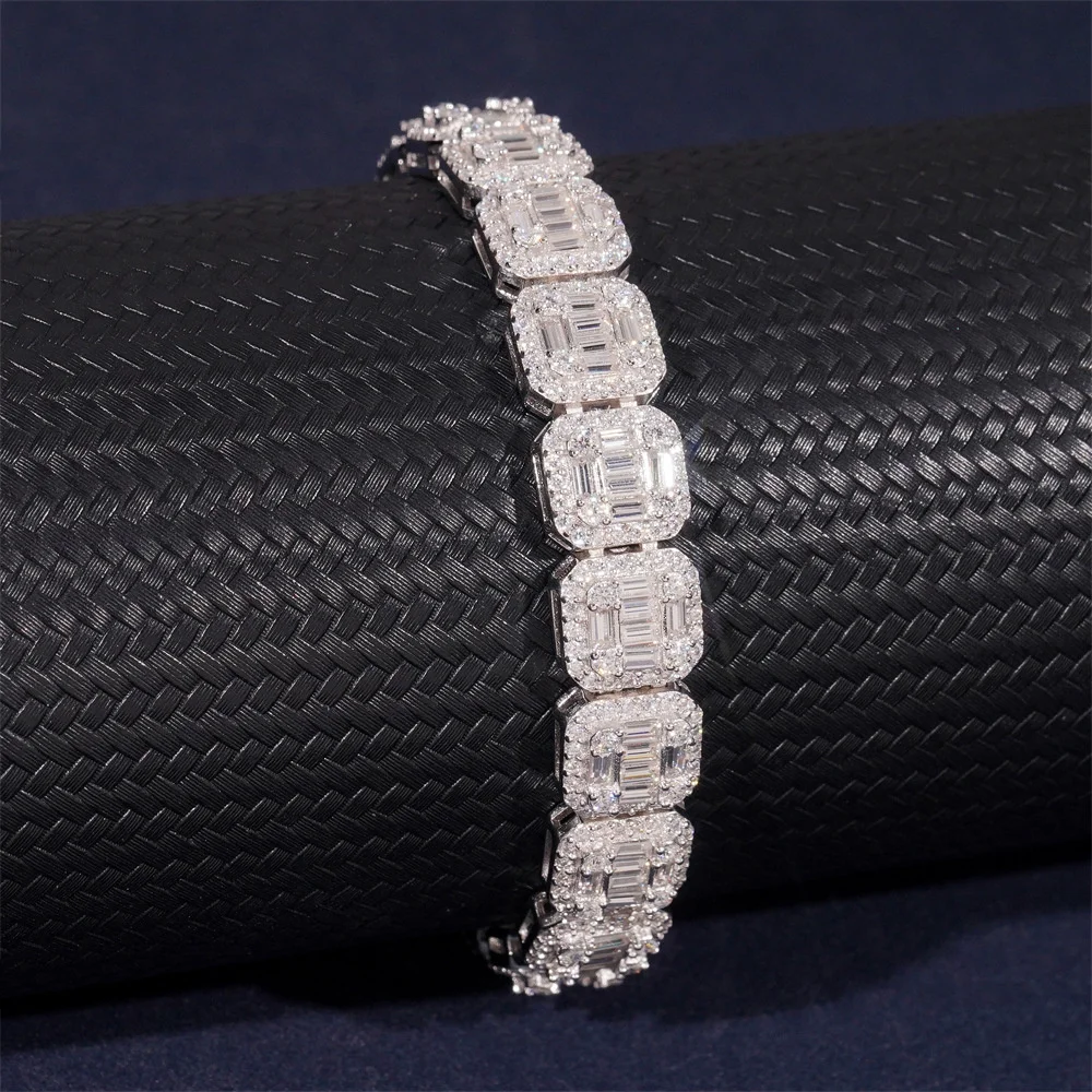 Blingminer 10mm VVS Baguettes Moissanite Tennis Chain Bracelet Iced Out Hand Chain For Men Women S925 Jewelry Pass Diamonds GRA