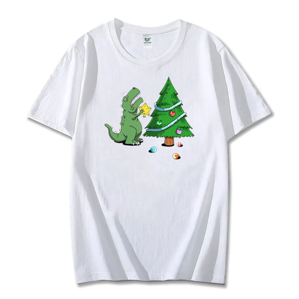 Christmas Dinosaur Tree Rex Pajamas Men Boys Xmas Lights Cotton T-Shirt Gift Cute Dino Wear Xmas Lights Graphic Family Matching