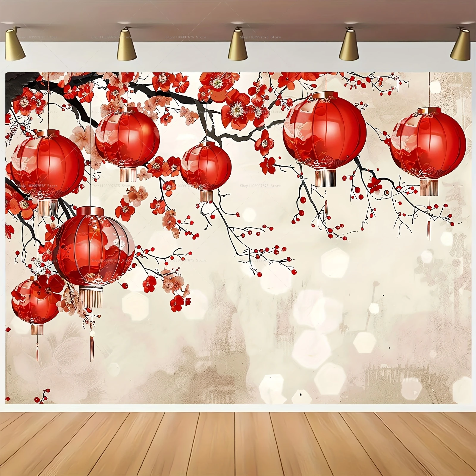 Chinese New Year Theme Party Backdrop Lantern Flower Spring Festival Decoration Photography Background Banner Photo Booth Props