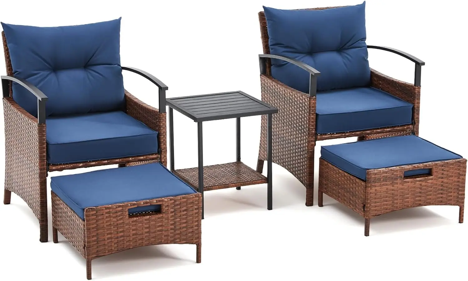 

5 Pieces Patio Furniture Set, Outdoor Rattan Chairs with Metal Coffee Table, Ottomans & Soft Cushions,Wicker Conversation Bistro