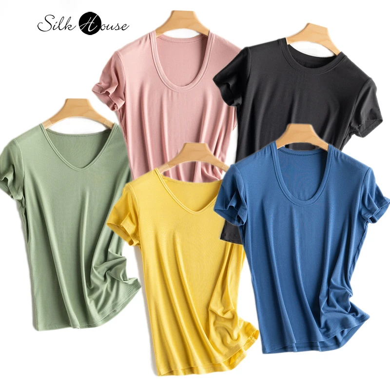 2025 Moda damska Top Wiosna/Lato Nowy Seksowny Fit Jedwabny Lodowy Oddychający Solidny Luźny T-shirt z krótkim rękawem Odzież dla kobiet
