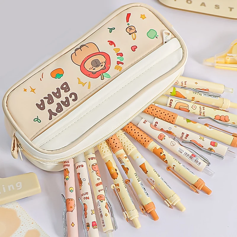 Cute Capybara Pen Bag Large Capacity Cartoon Prints Pencil Case Dust-proof Stationery Storage Bag Students