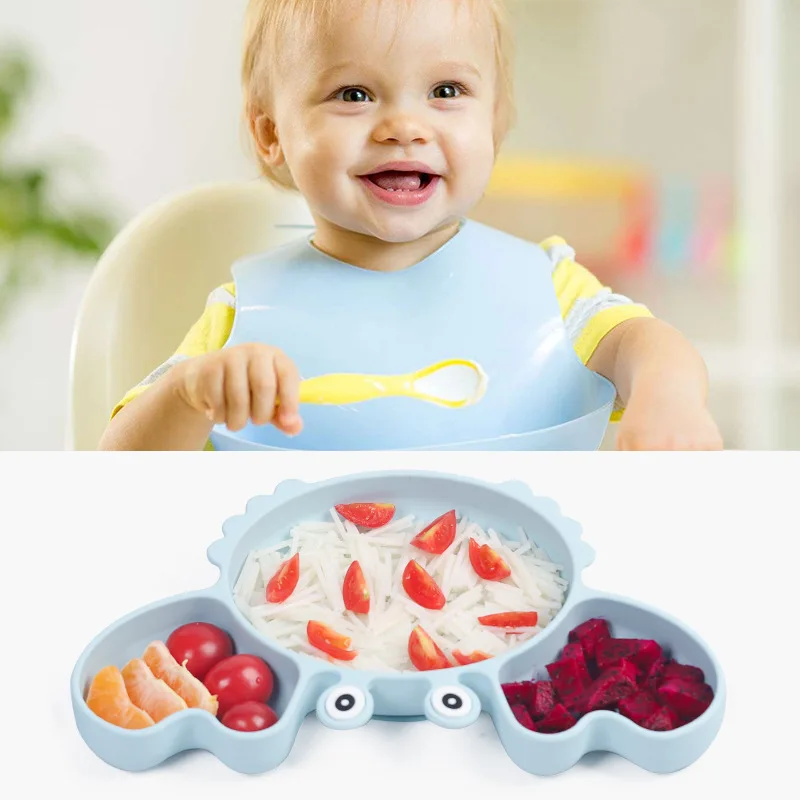 9Pcs Baby Silicone Non-Slip Suction Bowl Plate Spoon Waterproof Bib Cup Set Baby Crab Dishes Food Feeding Bowl for Kids BPA Free