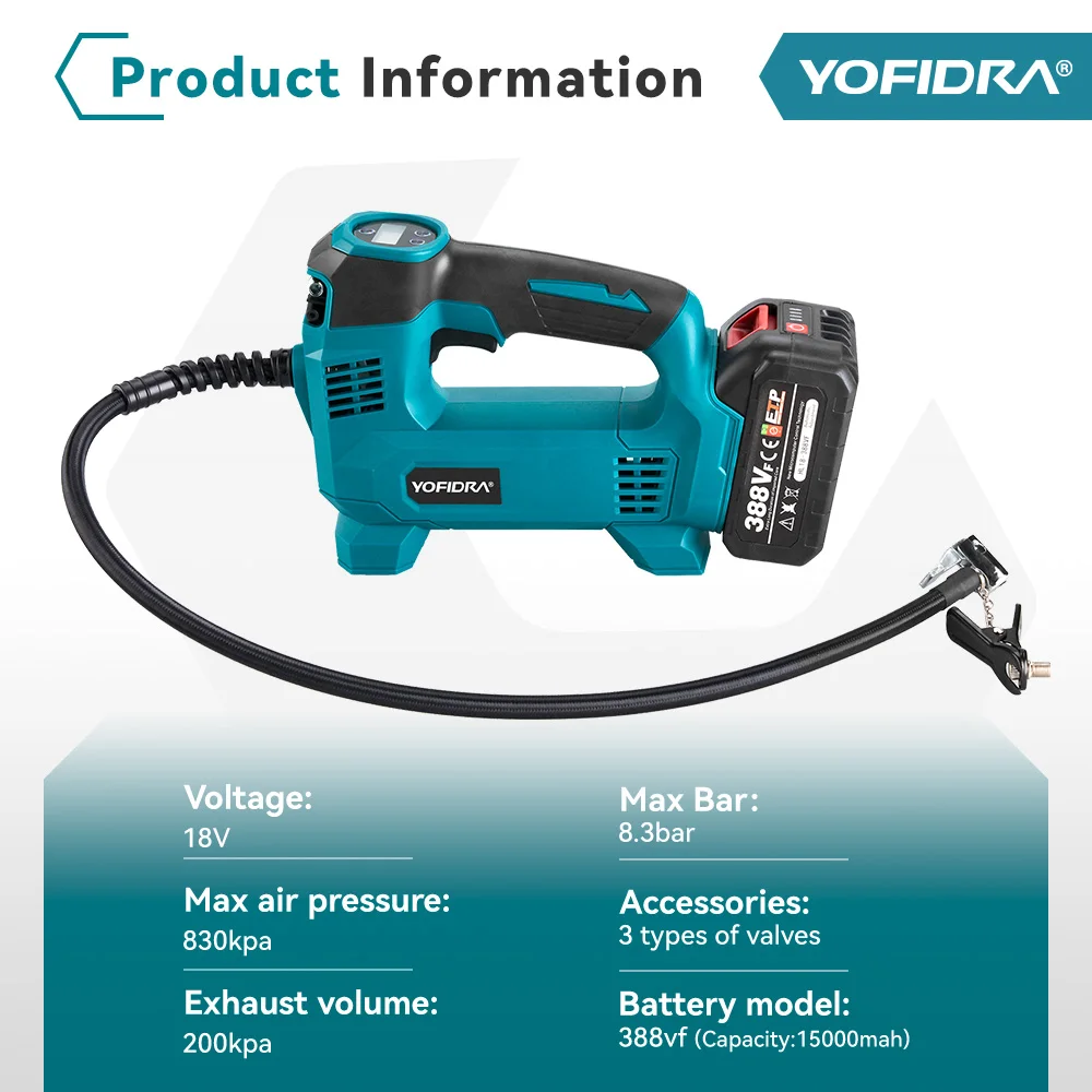 YOFIDRA High Pressure Air Inflatable Tire Inflator Compressor Digital Display Cordless Car Tyre Inflator For Makita Battery Pin view 2