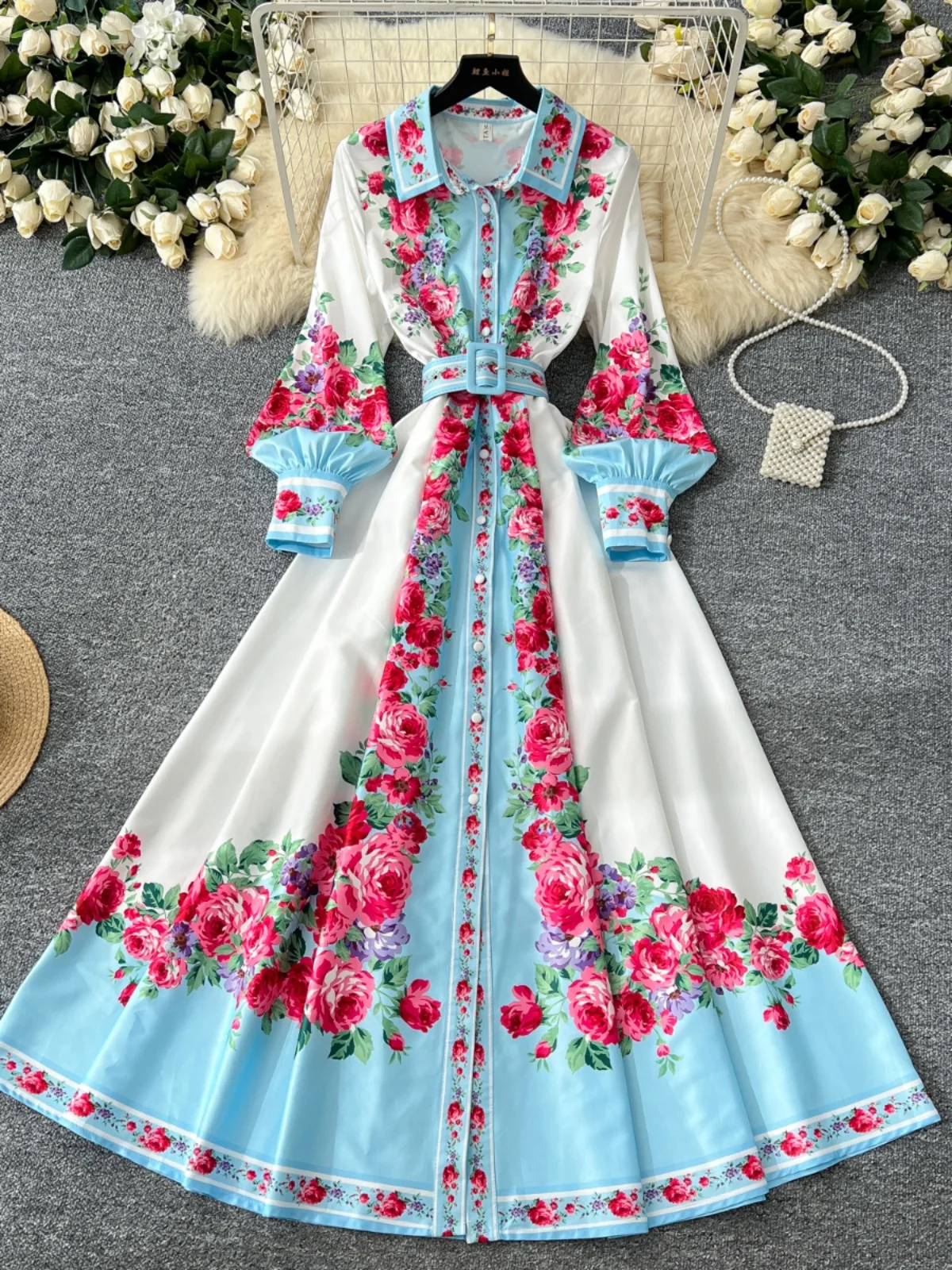 2025 New Retro Printed Long Dr with Lantern Sves And Waist Cinching Single Button High Waist A-Line Korean Sle Commute