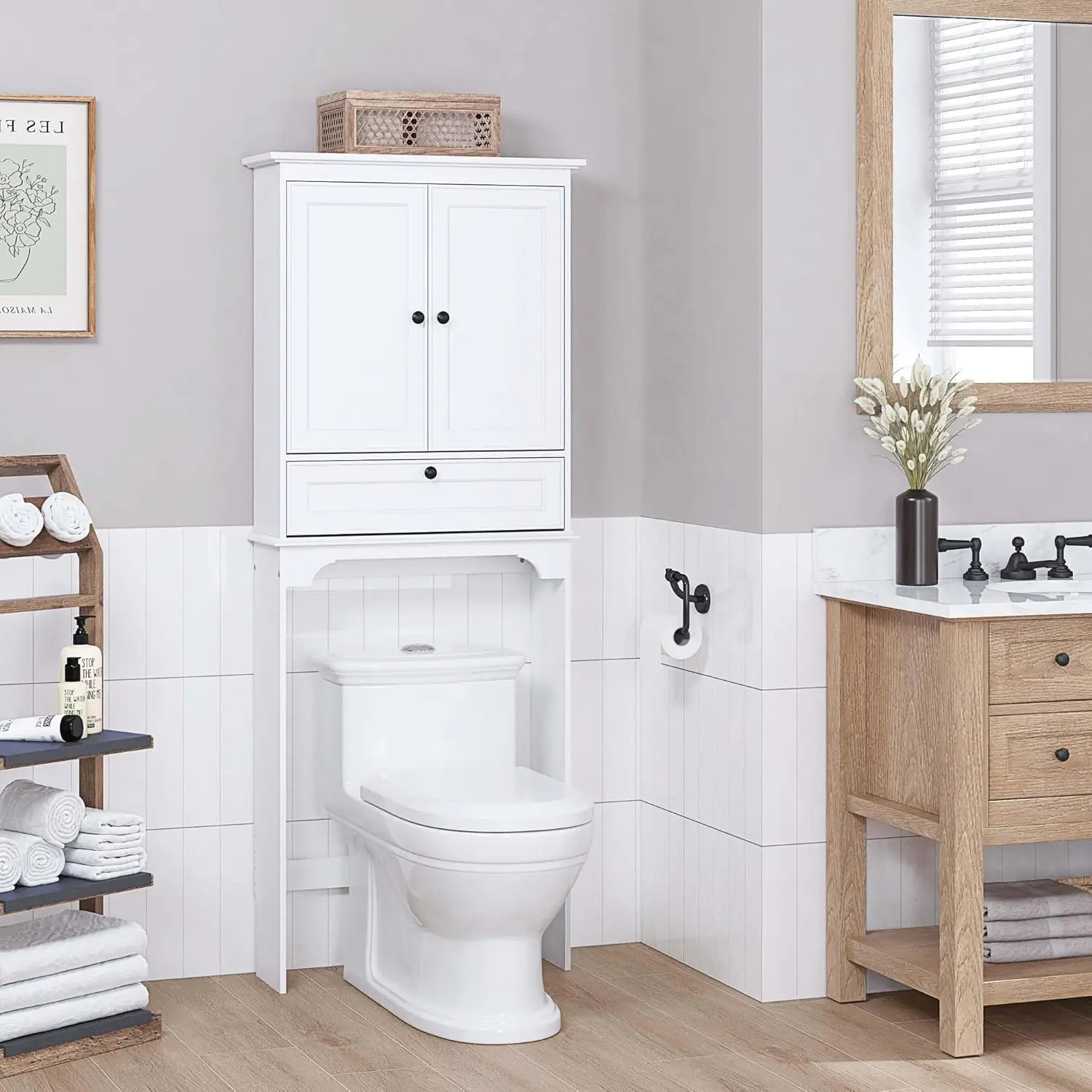 

Storage Cabinet, Bathroom Above Toilet Storage Cabinet with Doors and Adjustable Shelves, White
