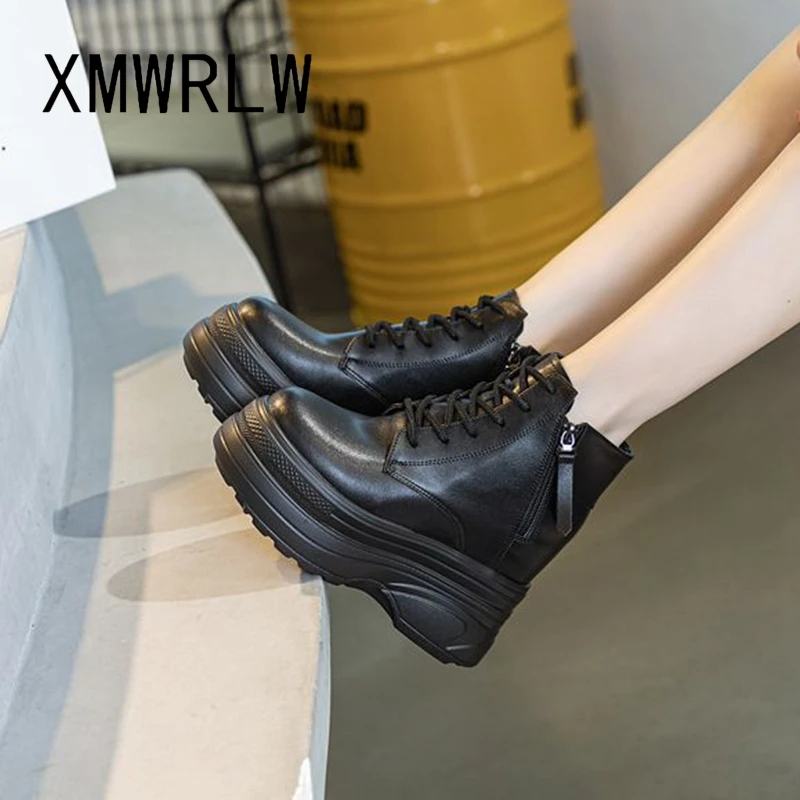 XMWRLW Genuine Leather Ankle Boots For Women Autumn Winter Shoes Fashion Hidden Heel Women Platform Shoes Ankle Boot Size 33