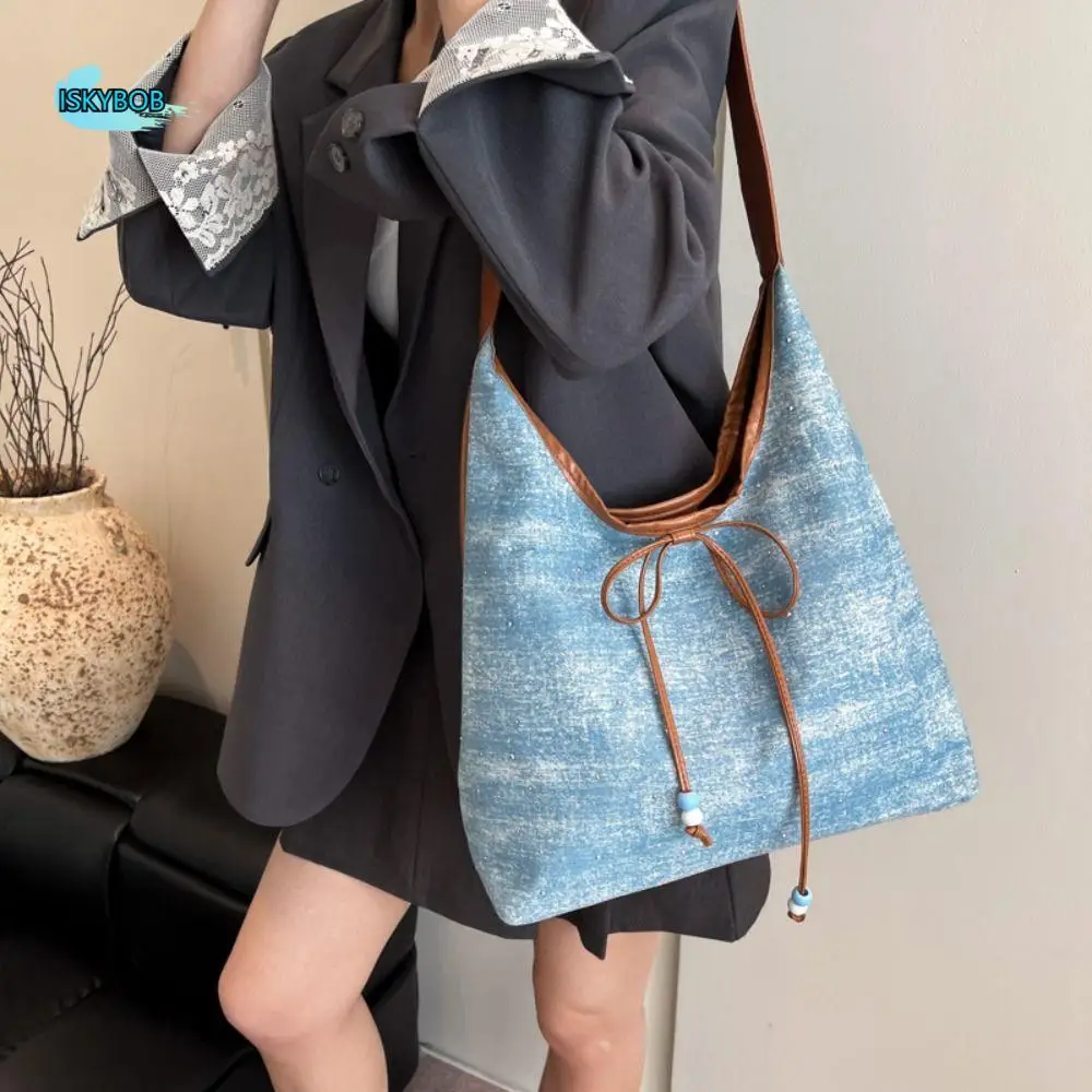 

Simple Versatile Denim Axillary Bag Cloth Casual Bow Shoulder Bags High Capacity Commuting Canvas Tote Bag Female