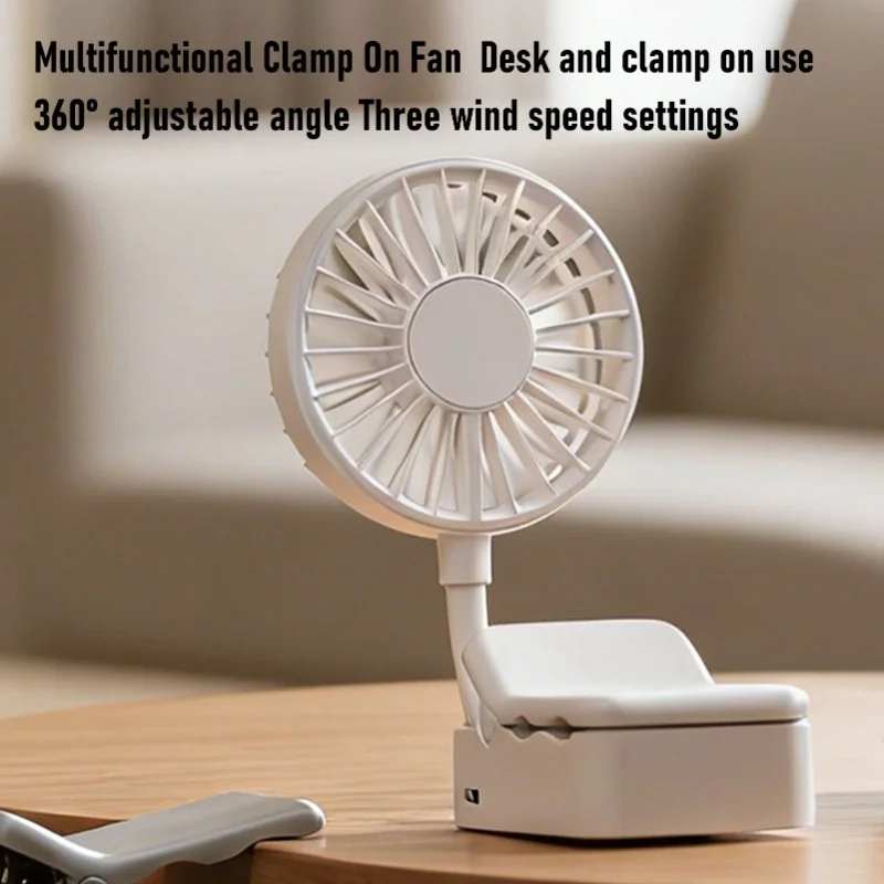 White Clamp On Desk Fan USB Rechargeable 1200mAh 3 Speed Multi Angle Adjustable For Dormitory Bedroom