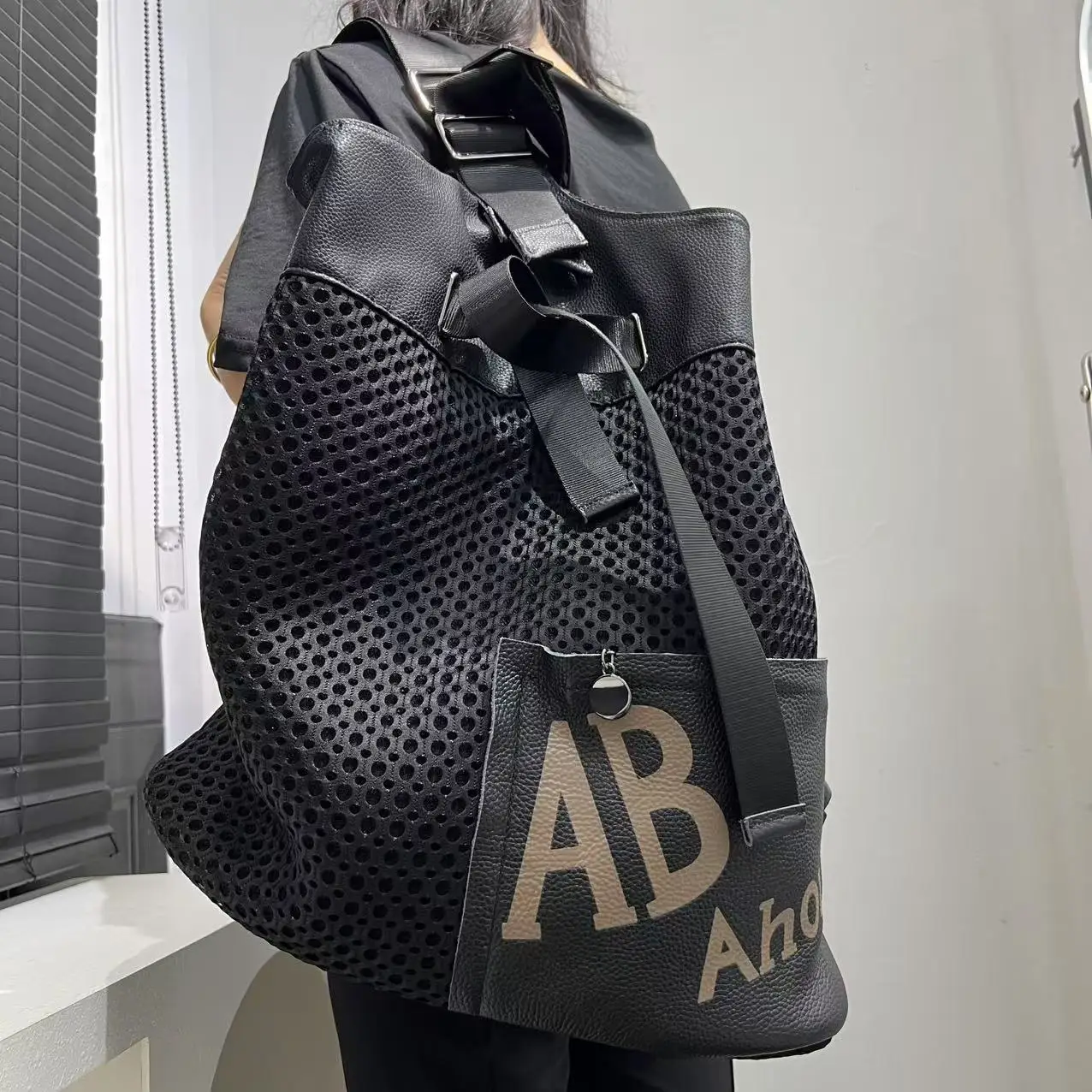 Ladies' Fashionable Nylon Mesh Stitched Backpack with Large Capacity Splicing Casual Unisex Handbag Shoulder Bag Travel Backbag