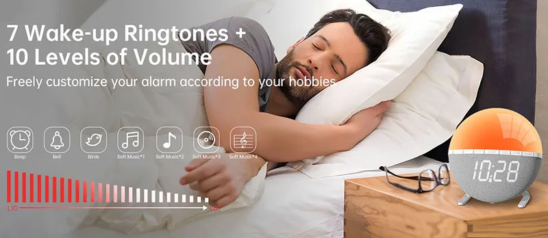 Aufwachlicht Sonnenaufgang-Wecker Tischuhr mit Farblichtern Naturgeräuschen Digitaluhr für Wohnzimmer Schlafzimmer Heim-Dekoration – Detail 6