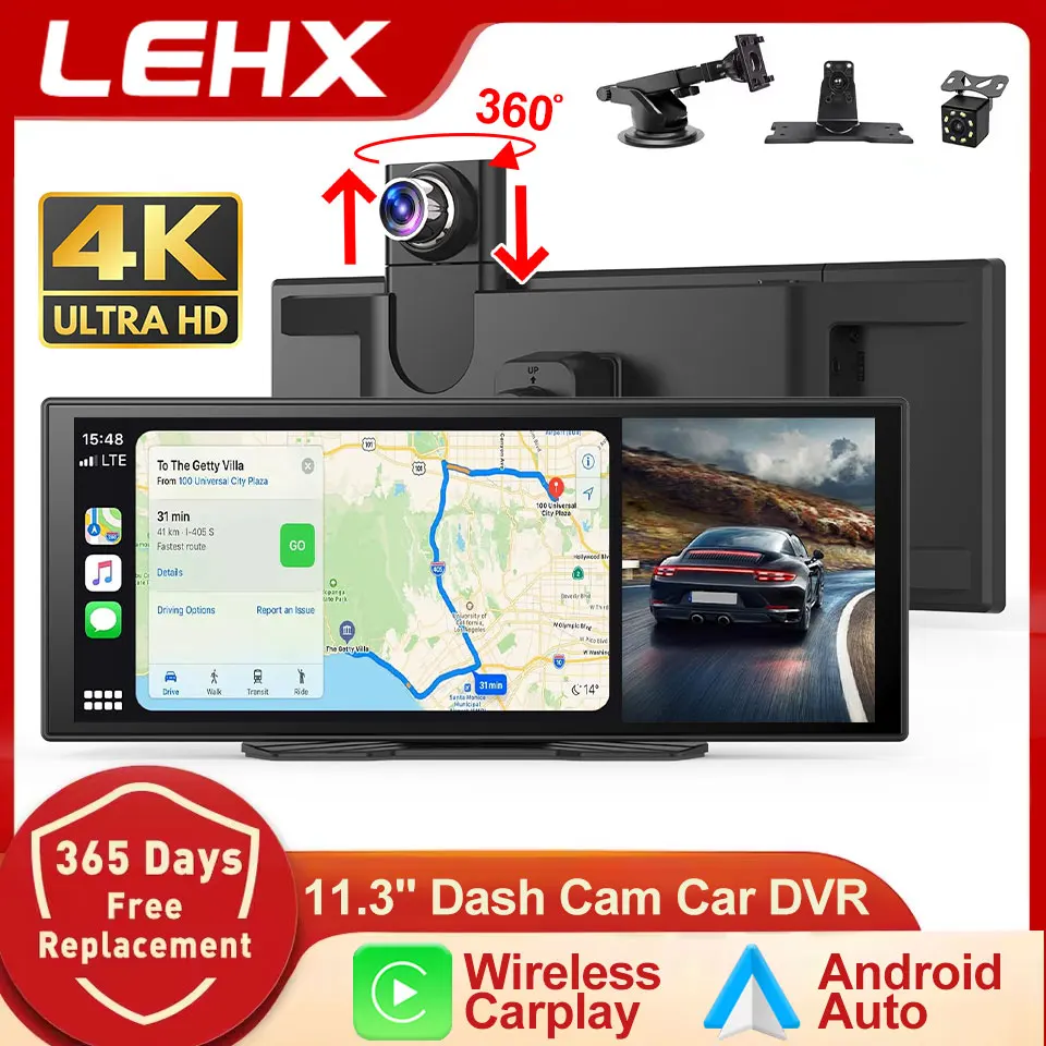 LEHX Dash Cam 11.3 inch 4K Car DVR Wireless Carplay Android Auto GPS Navigation Video Recorder Dashboard Dual Lens Reversing
