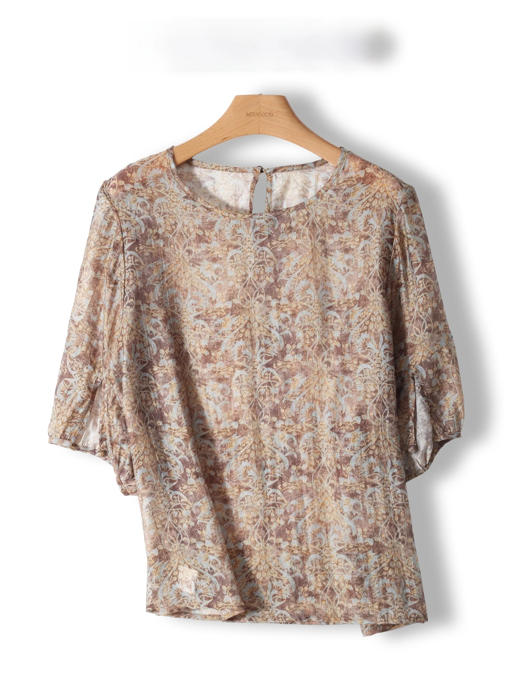 

French Style round Neck Printed Blouse Women's Fashionable Summer Top Seven-Quarter Sleeve Loose Fit Breathable Skin-Friendly