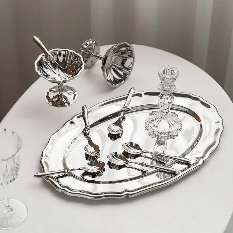 Nordic Style Stainless Steel Oval Lace Tray Elegant Dessert Plate For Afternoon Tea Cake Serving Home Dining Tableware Decor