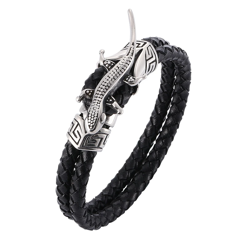 

Handmade Double Layer Leather Bracelet for Men Punk Stainless Steel Lizard Bracelet Hip Hop Rock Party Jewelry Accessories PW760