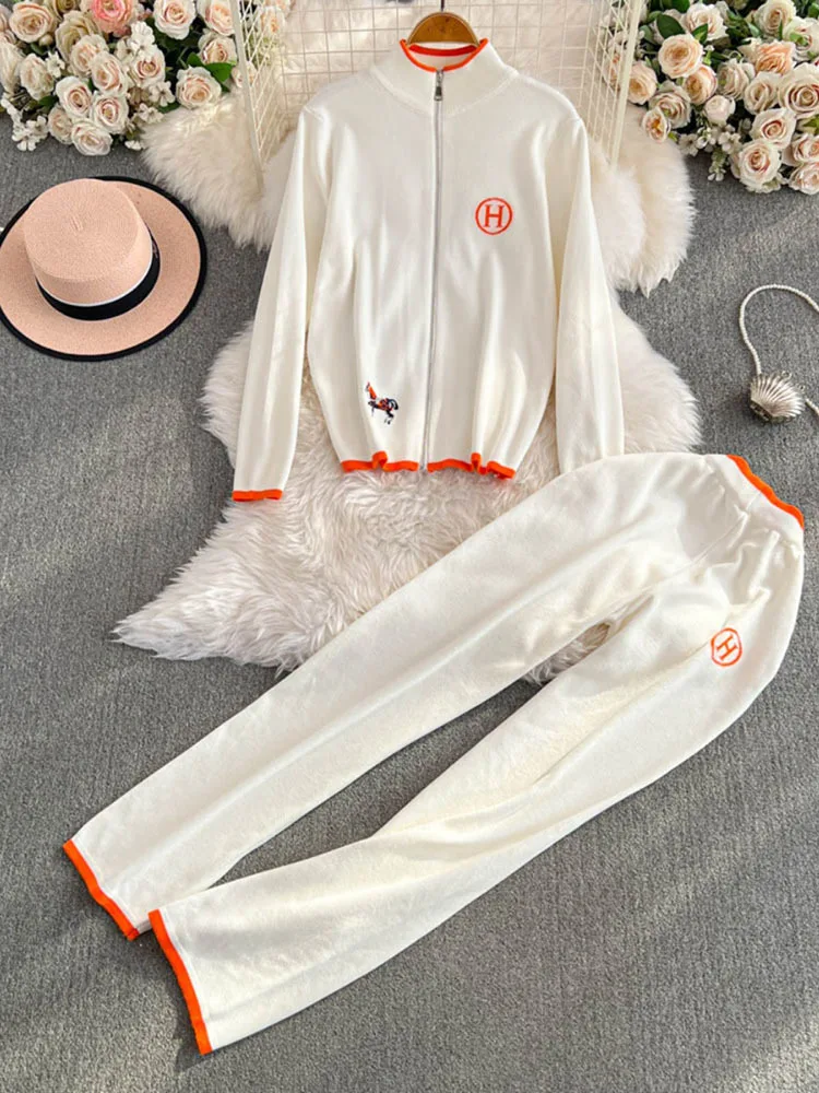 Women\'s Long Sleeved Knitted Sweater High Waist Slim Straight Leg Pants Two-piece Set Y2k Korean Autumn