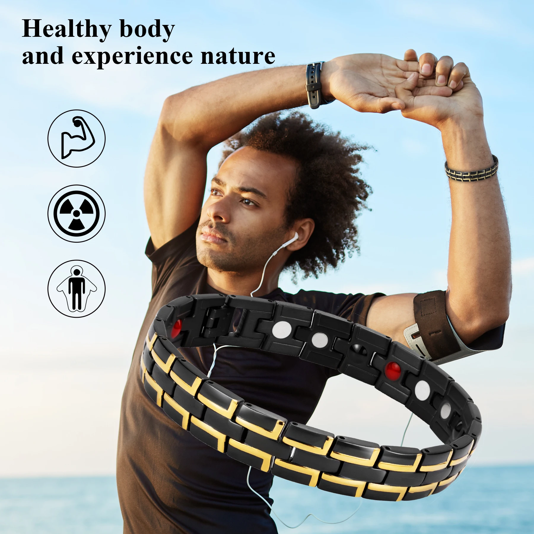 Men's Magnetic Therapy Bracelet Enriched with 4 Health Elements Energy Bangle Revive Vitality Fashion Stainless Steel Jewellry