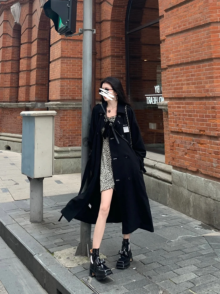 Black Korean Style Windbreaker Coat Women's Spring Fashion 2026 New Autumn Winter Medium Long Coat Small Size Medium Size
