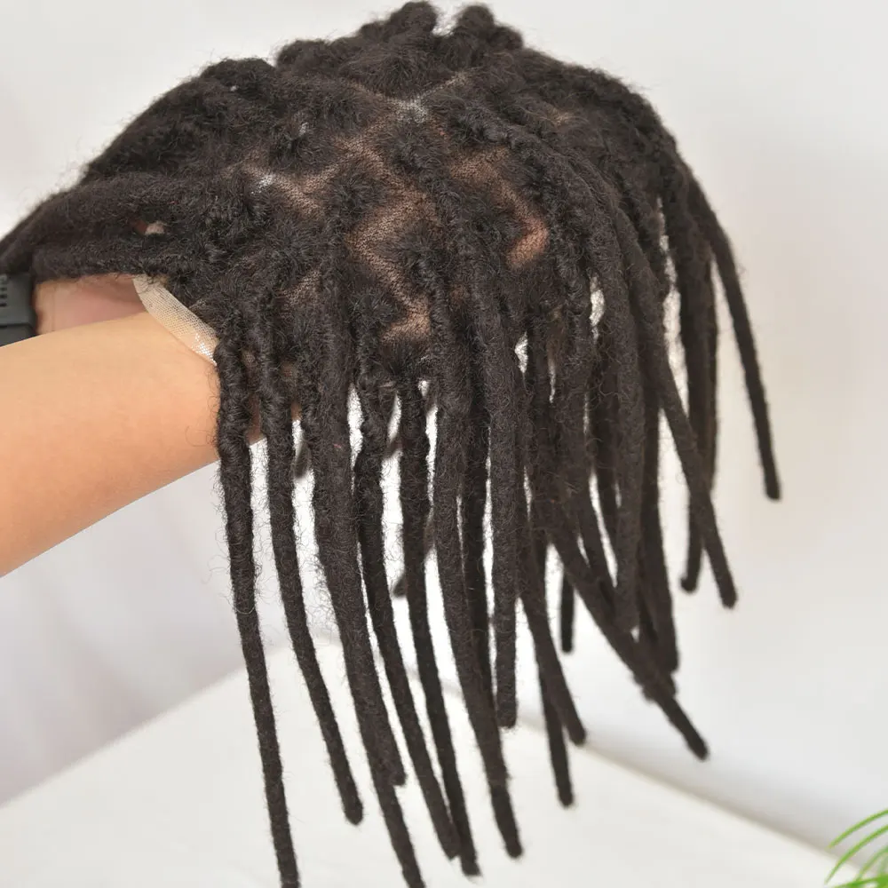 Full French Lace Base Afro Dreadlock Toupee para homens, cor preta, cabelo humano europeu, cabelo do sistema, prótese para perucas, 12"