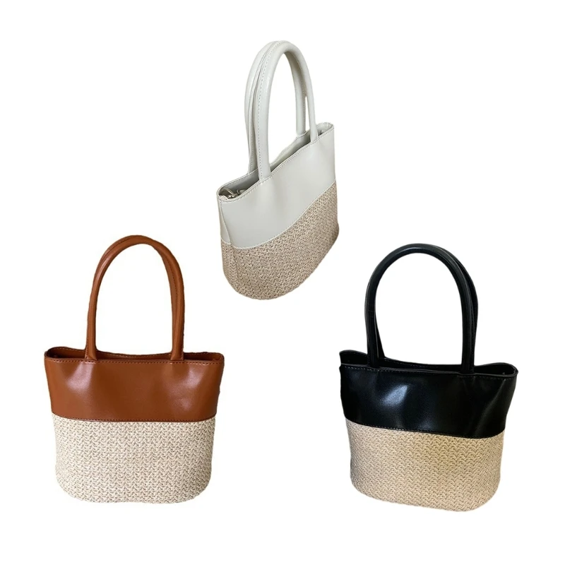 Straw Shoulder Bag PU Crossbody Bag Bucket Handbag for Fashion forward Women E74B