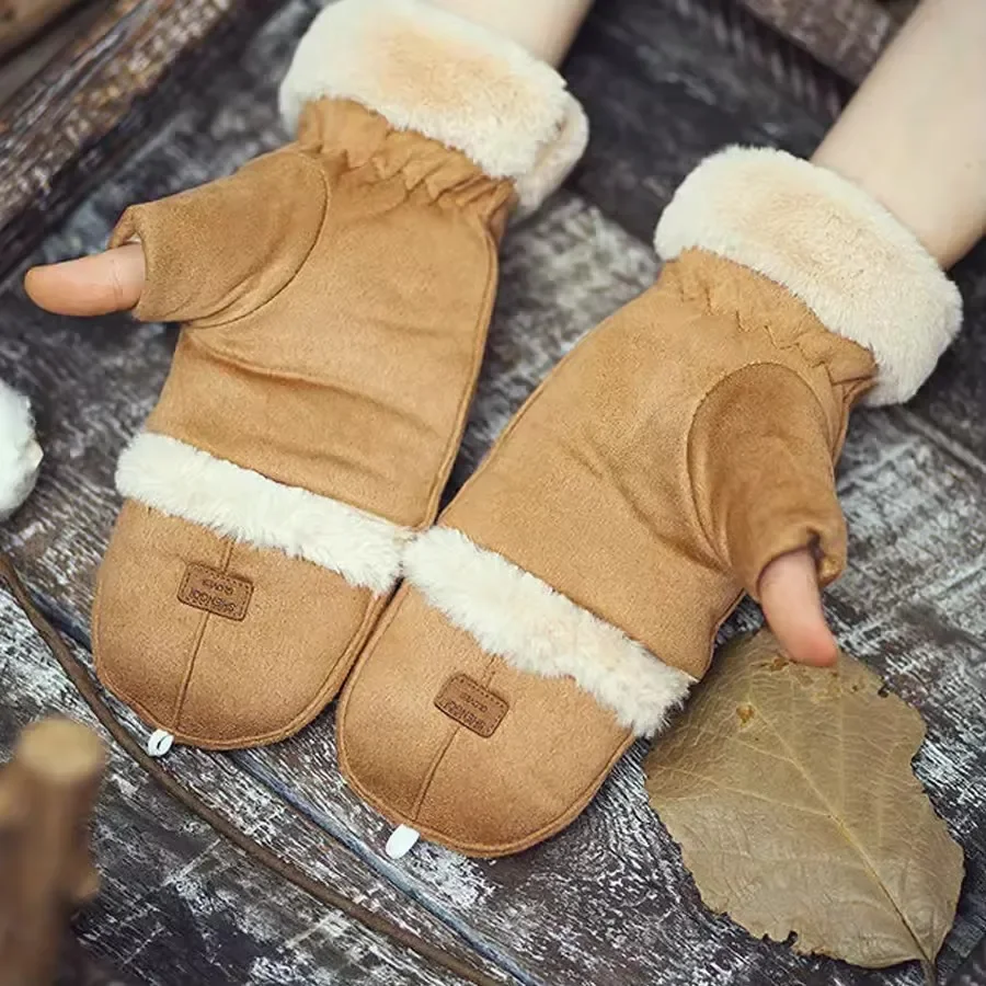 Winter Warm Flip Cover Suede Gloves for Women Touch Screen Wool Lining Half Finger Gloves Office Outdoor Writing Student Gloves