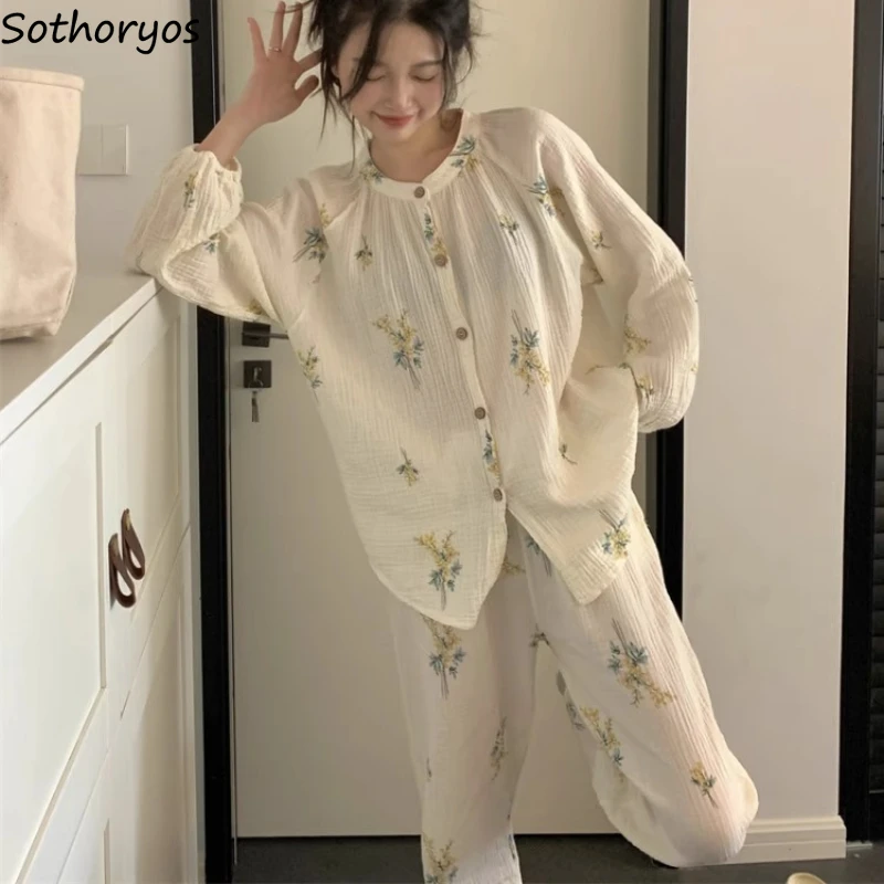 O-neck Pajama Sets Women Long Sleeve Autumn Single Breasted Daily Folds Design Slouchy Sleepwear Casual Vintage Chinese Style