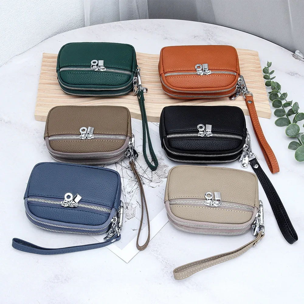 

Leather women's Mini purse Purse Leather large capacity double zipper multi-function lanyard hand purse