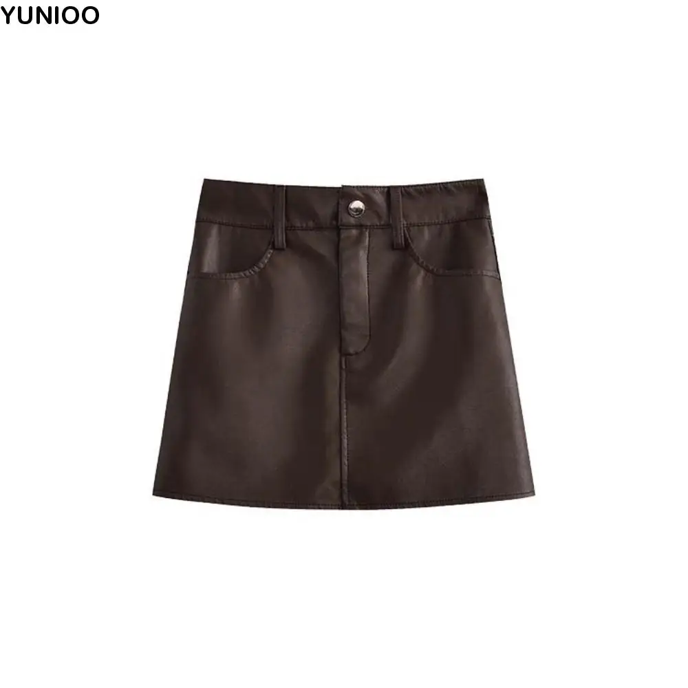 

Sweet Zipper PU Leather Skirt Solid Color Slim Fit High Waist A-line Skirt Retro Autumn Winter Short Mini Skirts Summer